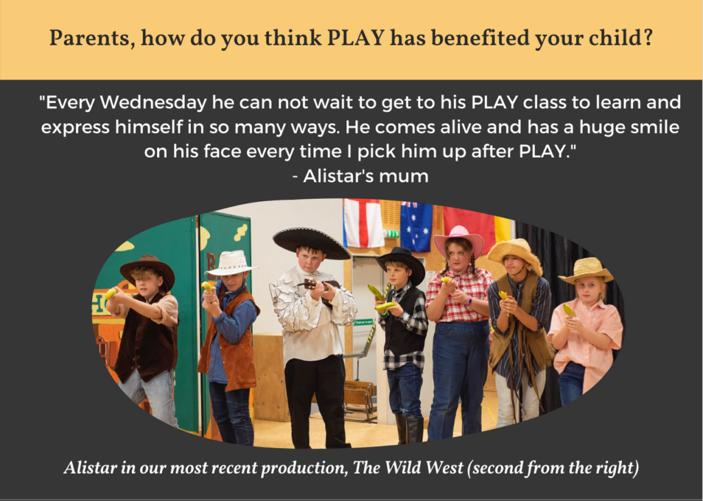 Parents, how do you think PLAY has benefited your child?

"Every Wednesday he can not wait to get to his PLAY class to learn and express himself in so many ways. He comes alive and has a huge smile on his face every time I pick him up after PLAY."
- Alistar's mum